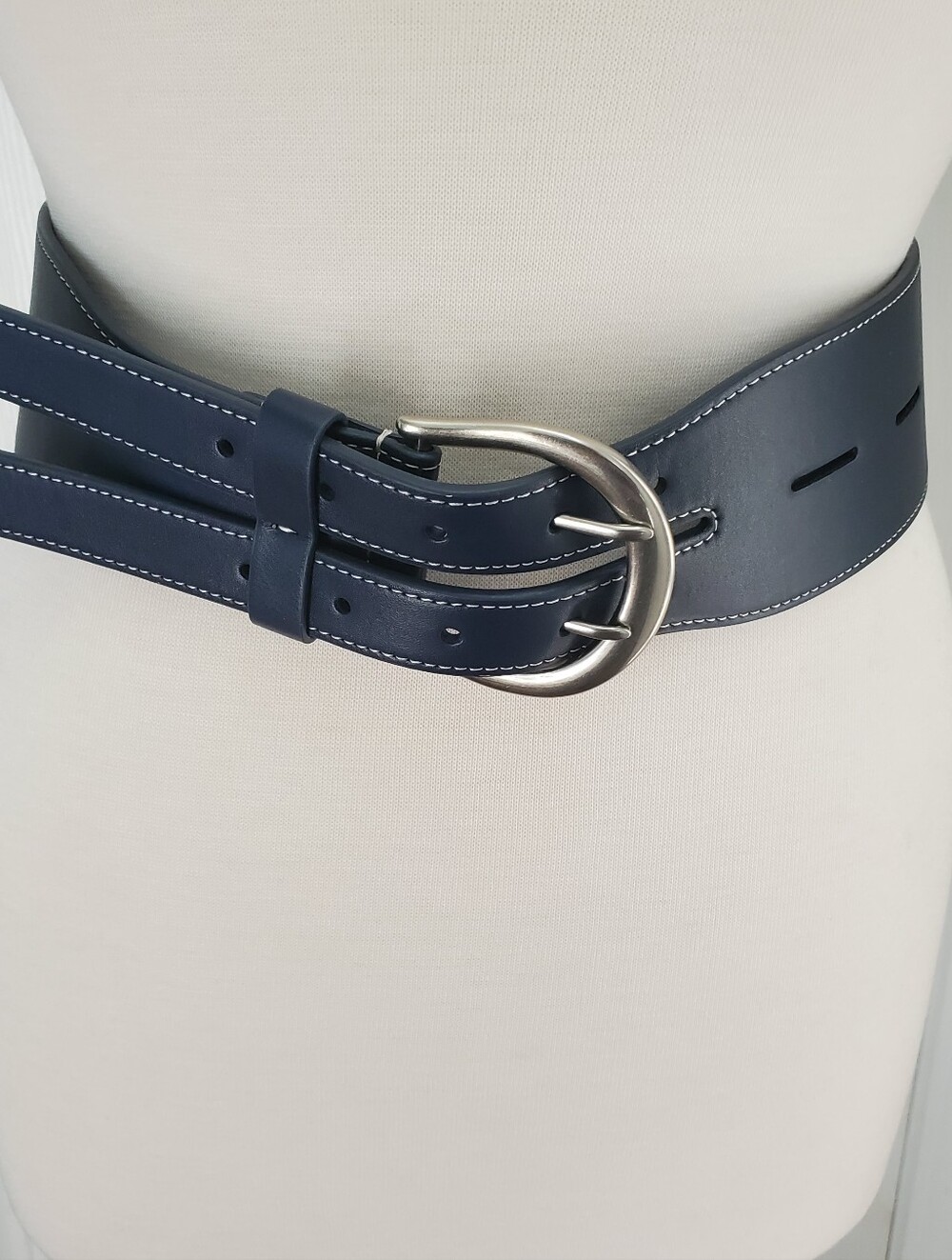 LAUREN RALPH LAUREN EQUESTRIAN DOUBLE PRONG NAVY STRETCH BELT